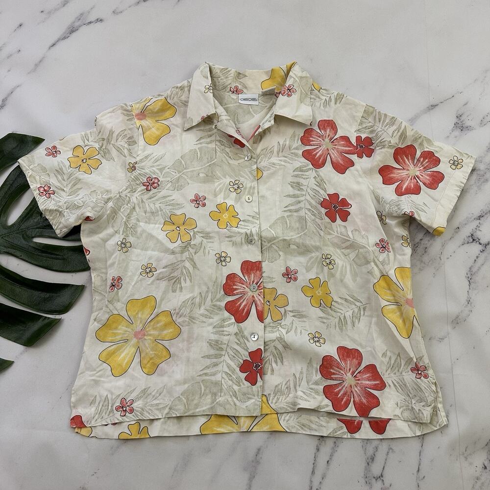 Cherokee Womens Vintage Y2k Floral Blouse Top Size L Orange Yellow Silk Linen